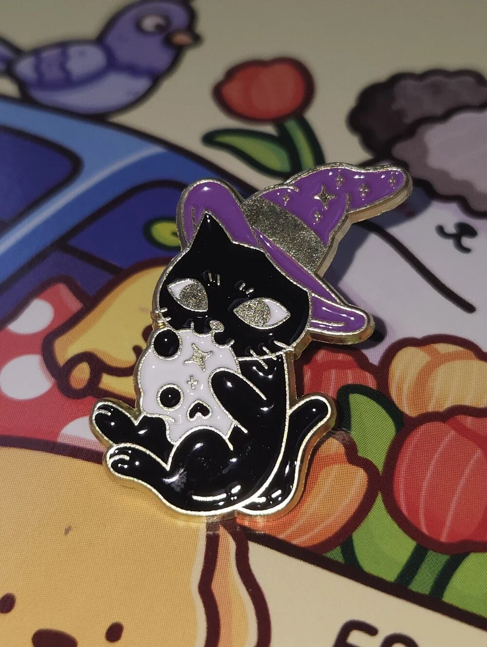Black Cat Witch Enamel Pin - Purple Hat